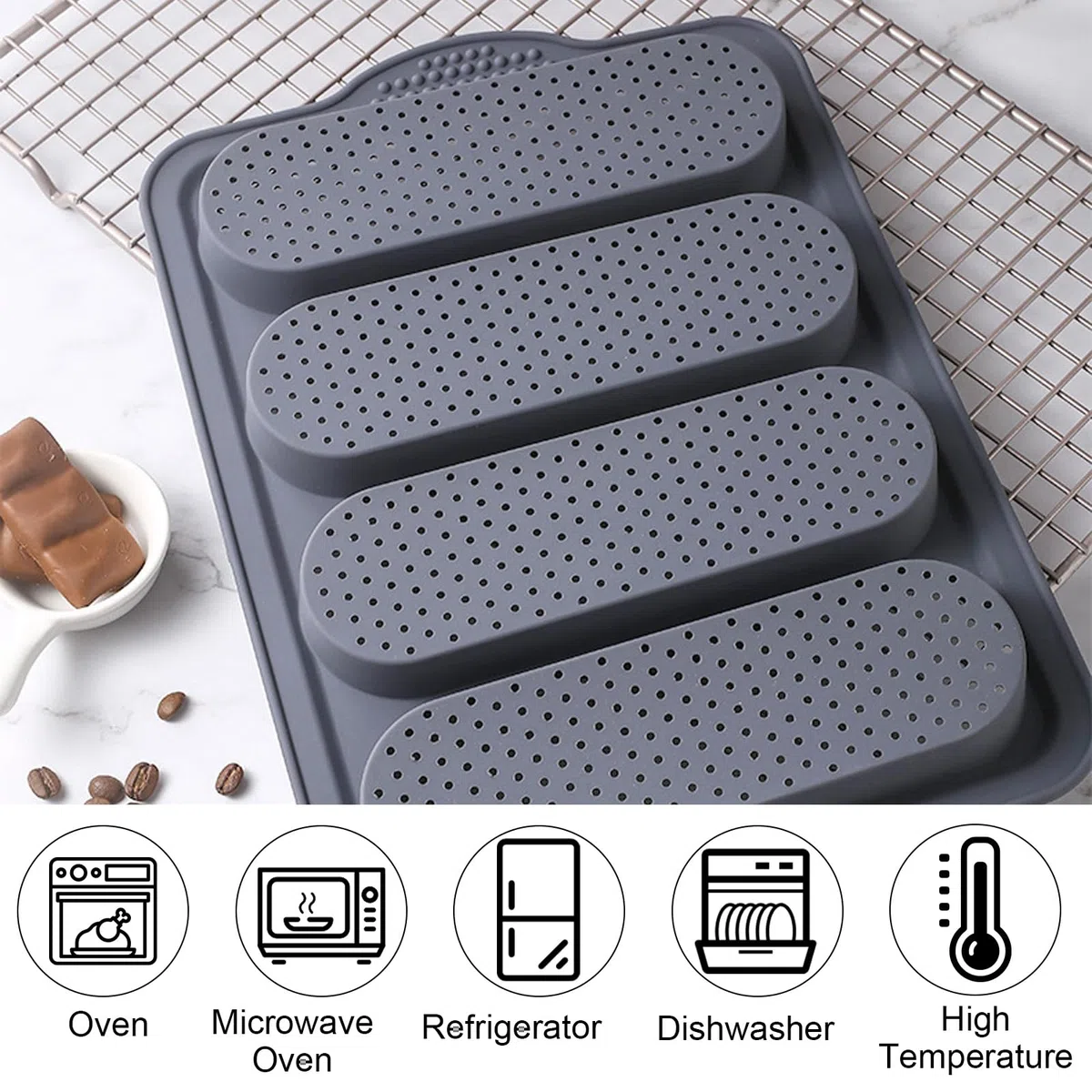 Baking Mould baguette baking Vassoio 3 Rolls Antiaderente Pane Stampi da forno baguette Vassoio Easy Clean Silicone Baking baguette Strumento di pane per la cottura (grigio, baguette)