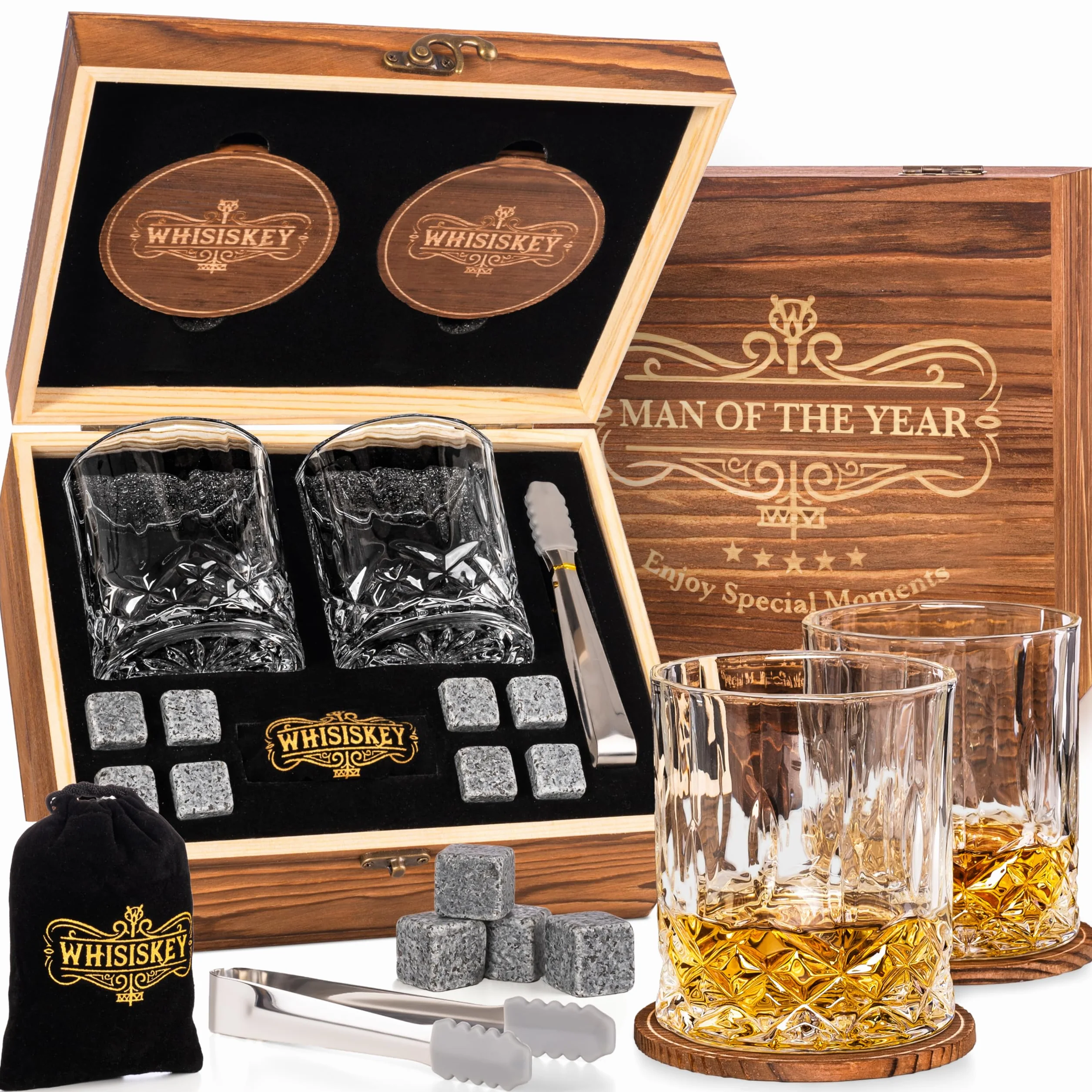 Whisiskey Set Bicchieri da Whisky - Set Whisky Regalo - Idee Regalo Uomo Compleanno - Scatola Regalo, 2 Bicchieri da Whisky x 310ML, 8 Cubetti di Ghiaccio Riutilizzabili, Accessori