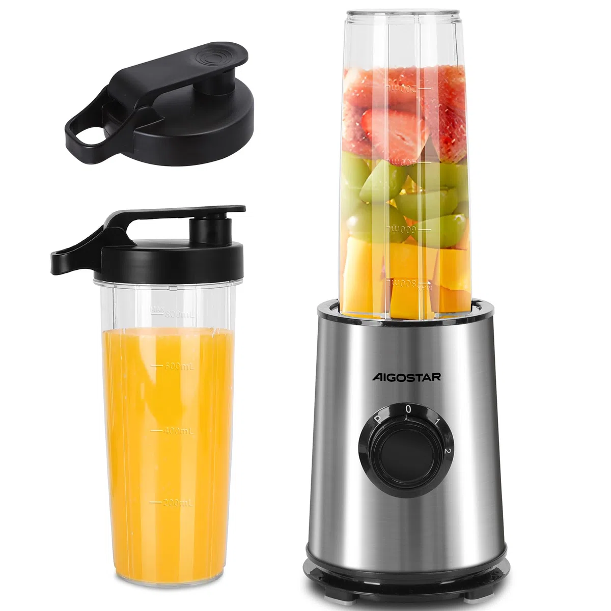 Aigostar Frullatore Portatile, Frullatore Elettrico con borraccia da 2 * 800ml BPA FREE, 2 Velocità e Pulse, 4 Lame Inox, 600W, per Frullati, Trita Ghiaccio e Frutta Congelata. Nero, Baron.