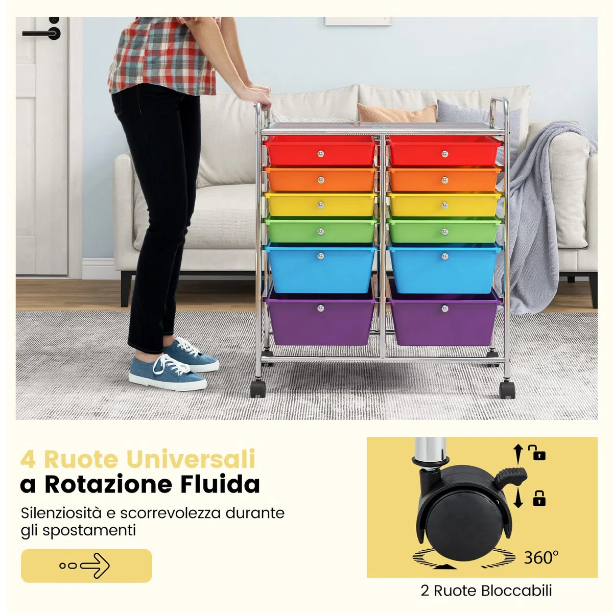 COSTWAY Carrello con 12 Cassetti con Ruote, Carrello di Stoccaggio Multiuso con Ampio Spazio di Archiviazione, Ideale per Casa Ufficio Domestico, 73,5 x 37 x 63 cm (Colorato)