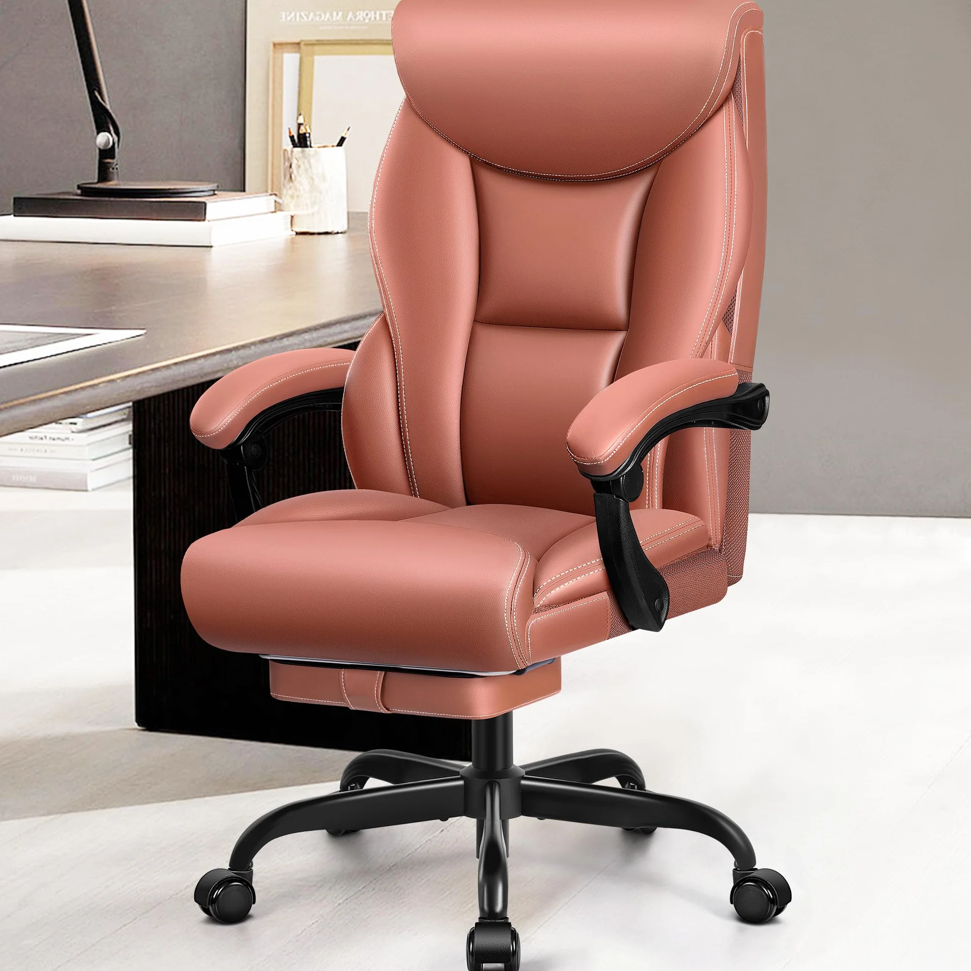FelixKing Sedia da ufficio ergonomica in pelle PU, schienale alto, sedia da computer inclinabile con poggiapiedi, supporto lombare, regolabile in altezza (marrone opaco)