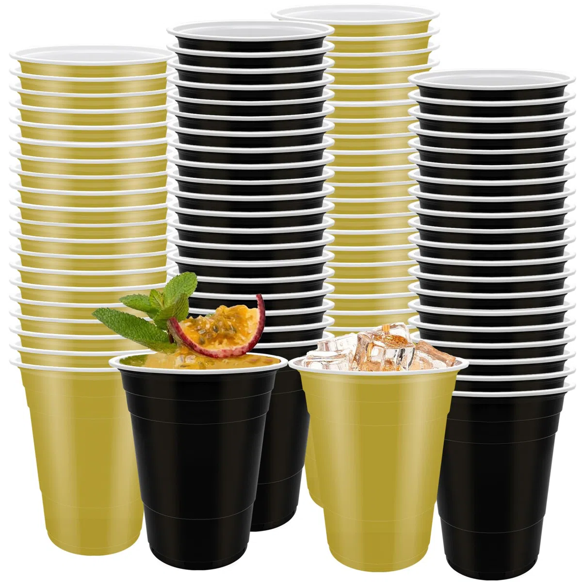 80 bicchieri di plastica nera e oro - 473,6 ml, riutilizzabili, bicchieri di plastica robusti colorati per bere, matrimoni, feste di compleanno, Natale