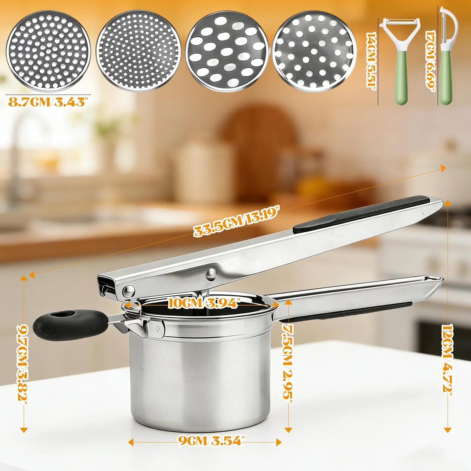 Schiacciapatate in Acciaio Inox con 4 Dischi e Pelapatate – Pressa per Patate Robusta e Professionale, per Purè, Gnocchi e Pappa per Bambini – Heavy Duty, Lavabile in Lavastoviglie