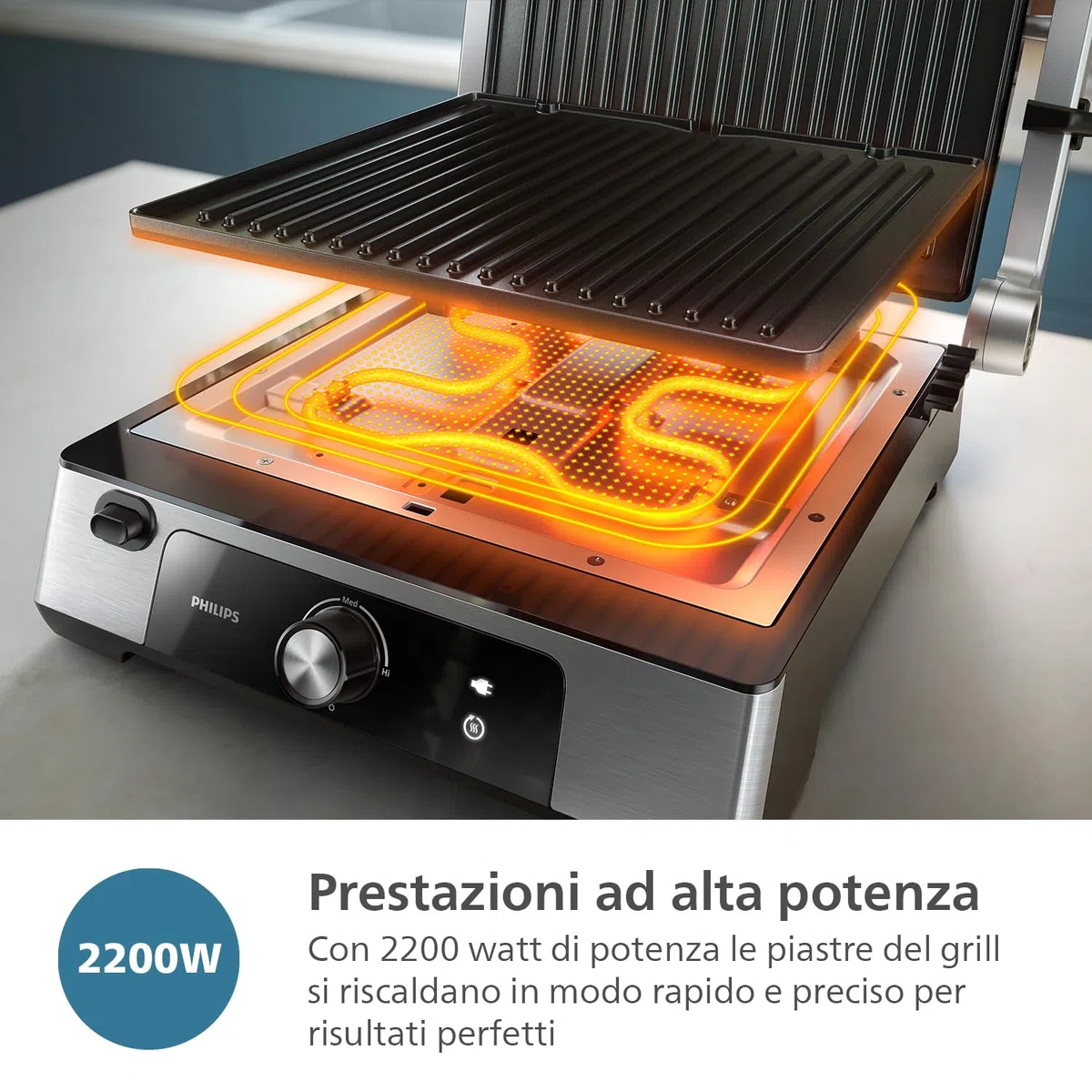 Philips Griglia Elettrica - Contact Grill. Temperatura regolabile. Ampio grill e prestazioni ad Alta Potenza. Piastre Antiaderenti e vassoio raccogli grasso rimovibili. (HD6301/90)