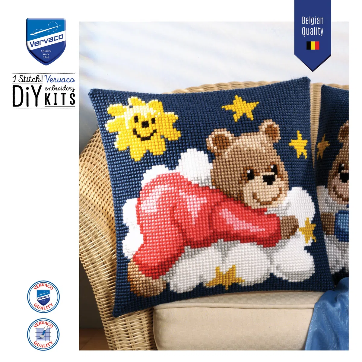 VERVACO Kit Cuscino Punto Croce Orso Rosa su Una Nuvola Set Ricamo Principianti Cuscini Gobelin Decorativi ca. 40 x 40 cm Accessori per Lavoretti Creativi DIY Casa Decor Hobby Adulti Cross Stitch
