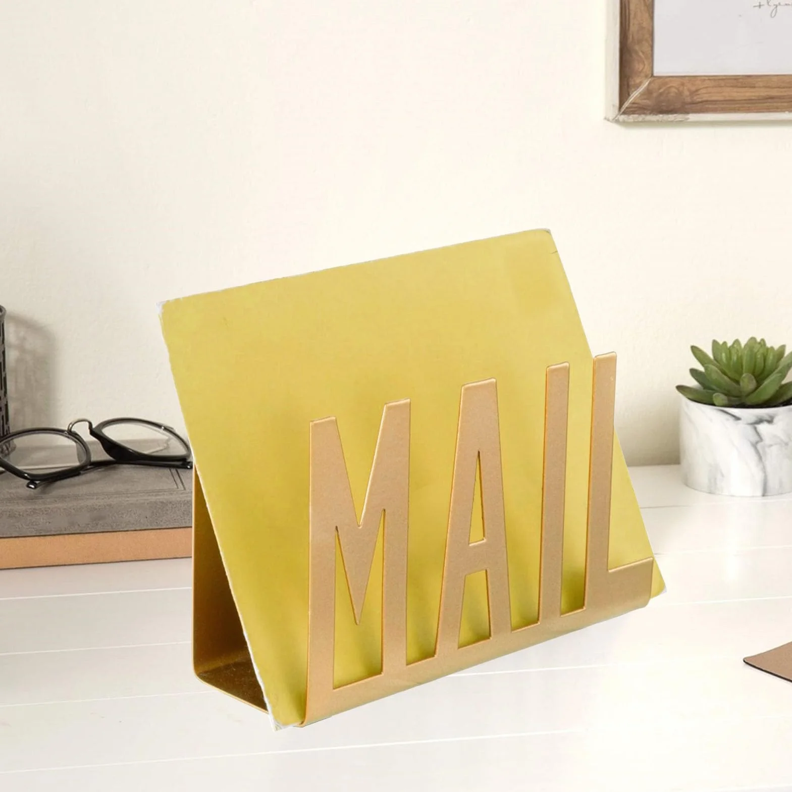 Portaposta in Metallo per Scrivania, Elegante Portaposta da Tavolo Dal Design Cavo per Fatture, Lettere, Documenti, Ideale Come Inaugurazione della Casa, Regali di Nozze (GOLD)