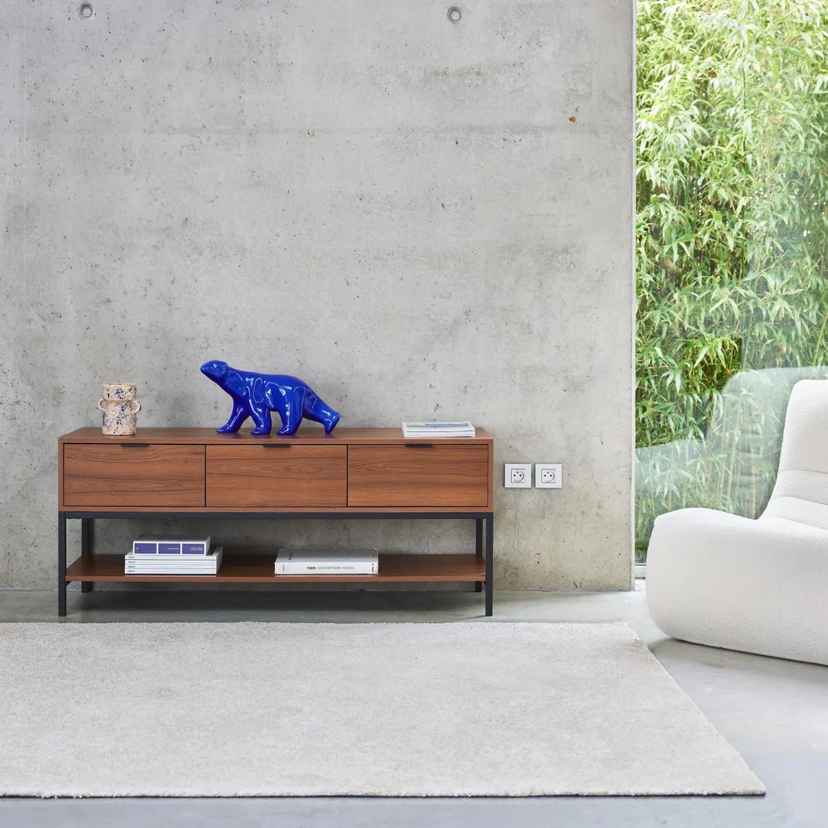 sweeek Mobile TV in Noce con 3 cassetti, 130cm, Walnut, Marrone, 130x40x53.5 cm