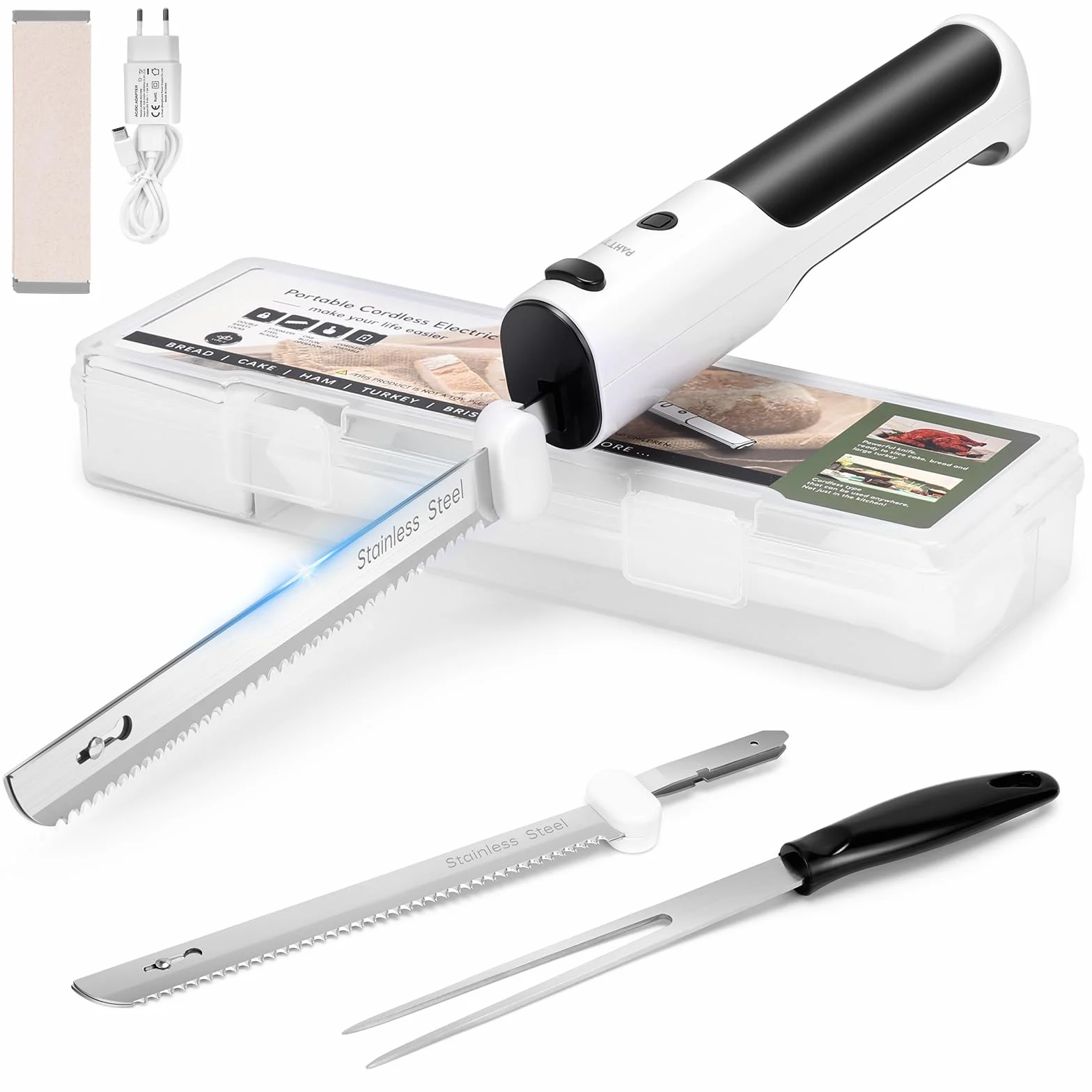 PAHTTO Coltello elettrico per affettare carne pane verdura frutta, coltello da cucina affettapane a batteria con doppie lame in acciaio inox incluso scatola, forchetta e tagliere pieghevole