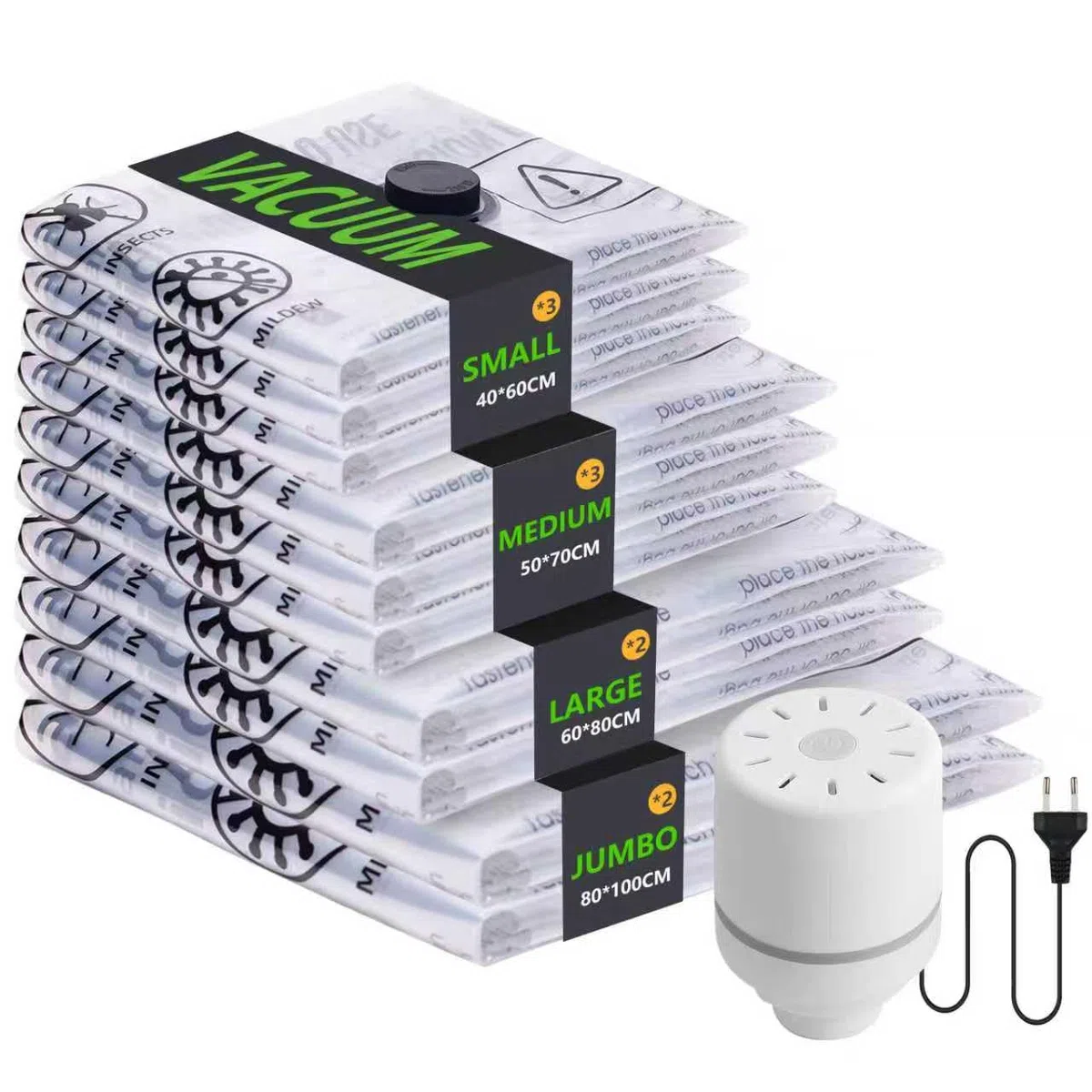 Sacchetti Sottovuoto Vestiti con Pompa Elettrica, 10 Pezzi Buste Sottovuoto Vestiti (2 Jumbo, 2 Grandi, 3 Medi, 3 Piccoli), Sacchi Sottovuoto Piumoni per Coperte, Piumini, Cuscini, Maglioni