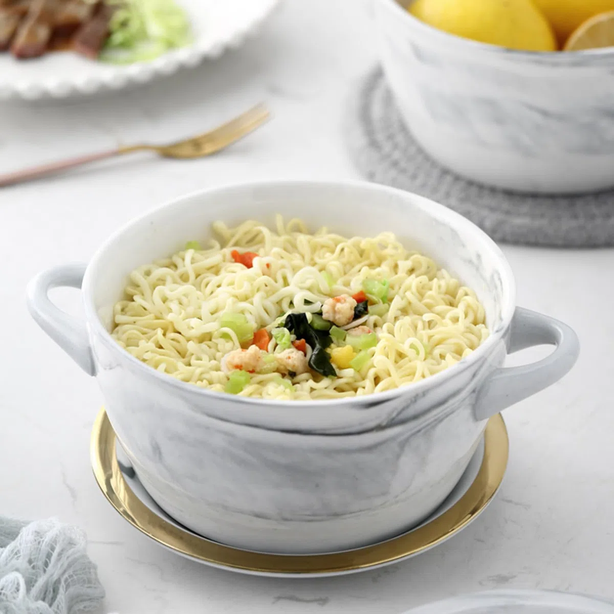 Ciotola da zuppa in marmo con coperchio, grande ciotola per ramen, adatta al microonde, ciotola in ceramica con manici (senza bordo)
