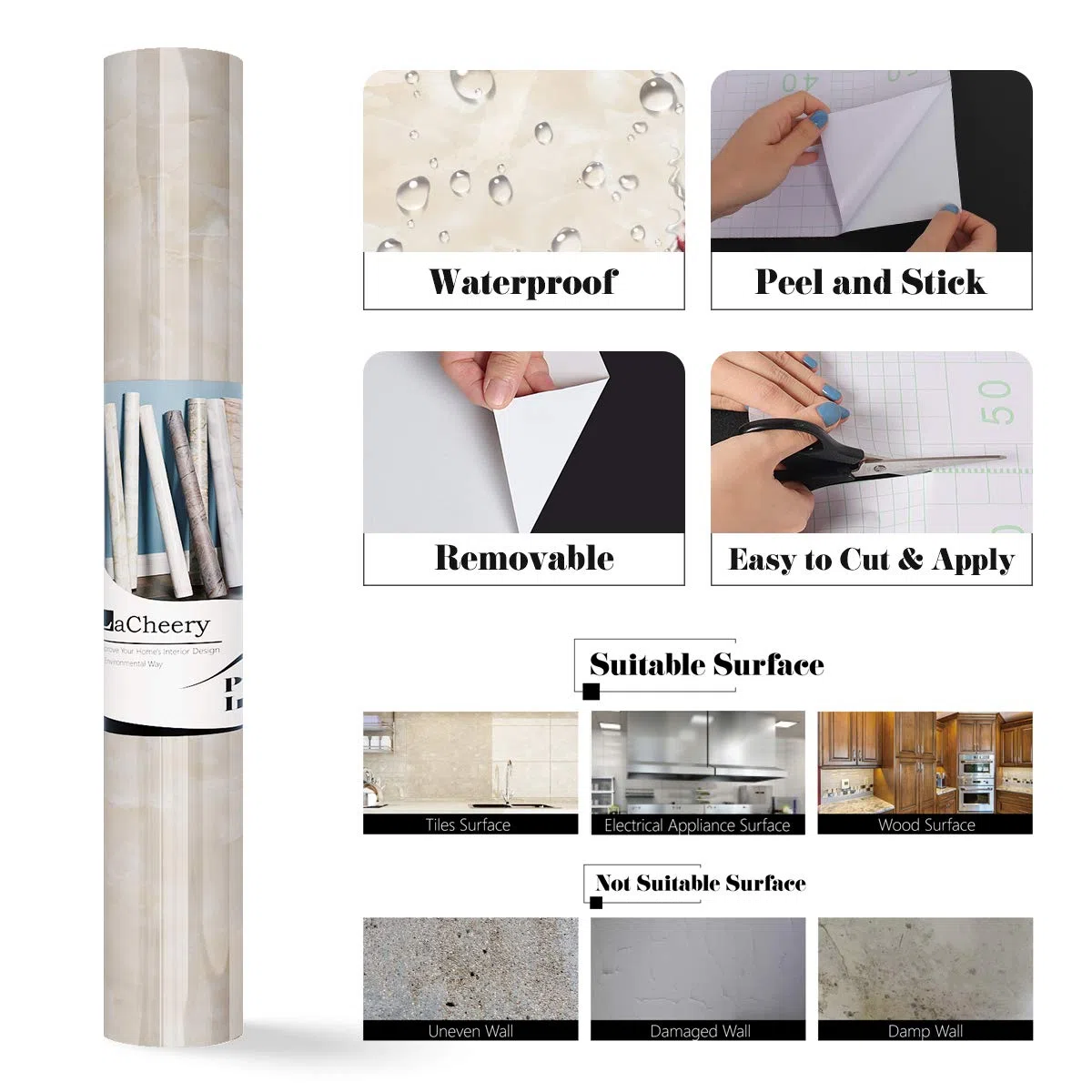 LaCheery Carta Adesiva per Mobili Marmo Rivestimento Top Cucina Adesivo Pellicola Adesiva per Mobili Cucina Crema Vinile Rotolo Adesivo Lucido Impermeabile per Armadio Beige Crema 40l x 700L cm