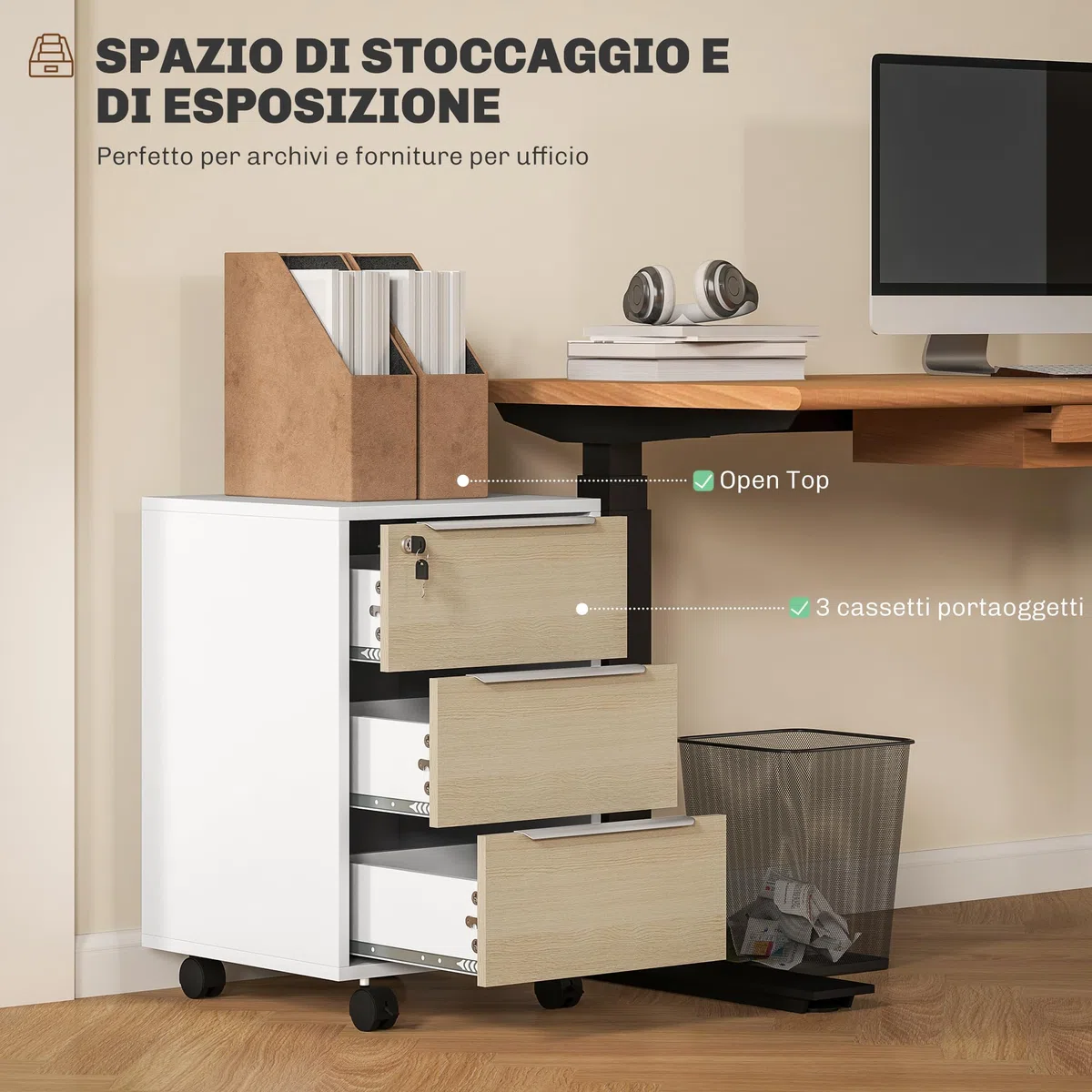 HOMCOM Schedario da Ufficio con 3 Cassetti, 4 Ruote, Cassettiera Ufficio con Serratura e 2 Chiavi per Lettera/Formato A4, Armadietto Verticale per Studio, 40x40x63.5 cm, Bianco e Rovere