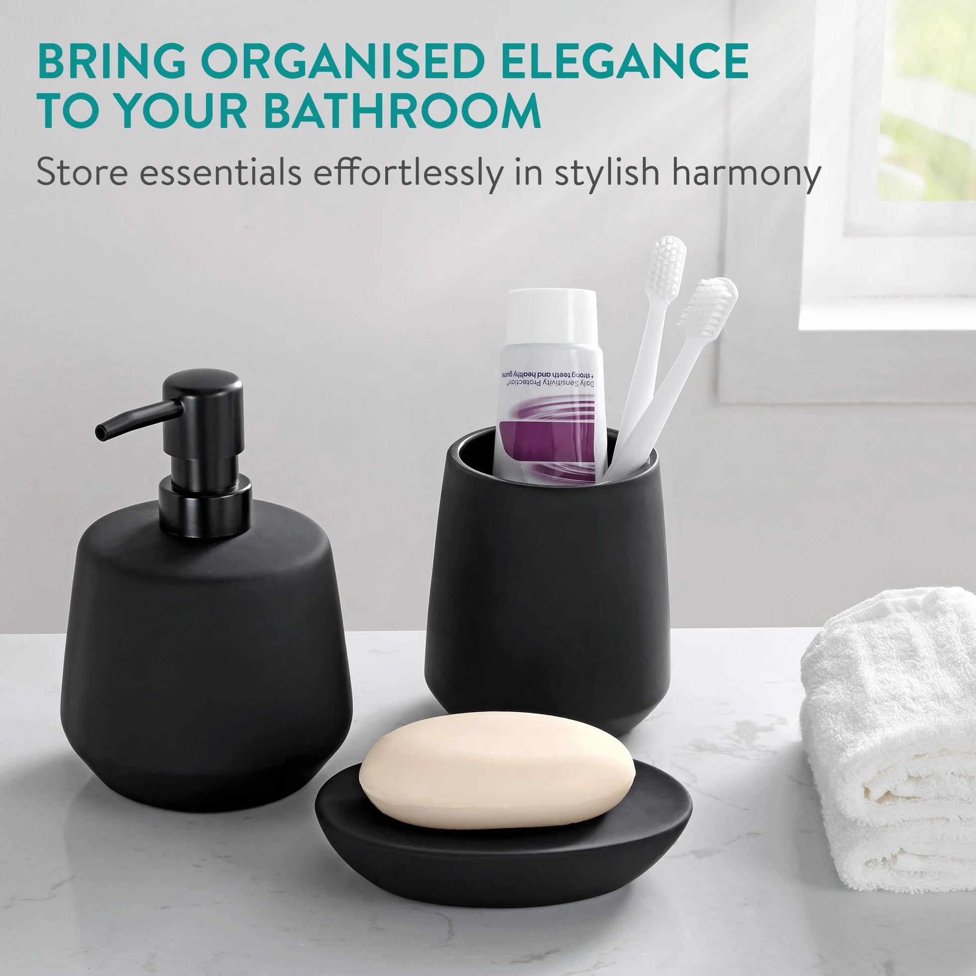 Navaris Set da Bagno Accessori Completo Nero - Include Portasapone Liquido Porta Sapone e Porta Spazzolini - Kit Bagno Moderno - in Ceramica Nera - Design Antiscivolo - Versatile