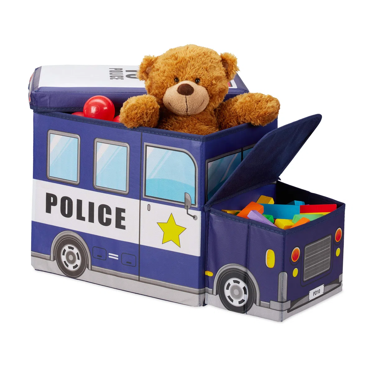 Relaxdays Sgabello Bambini Contenitore Giocattoli con Scomparto, Pieghevole, Furgone della Polizia 50 l, Blu Scuro