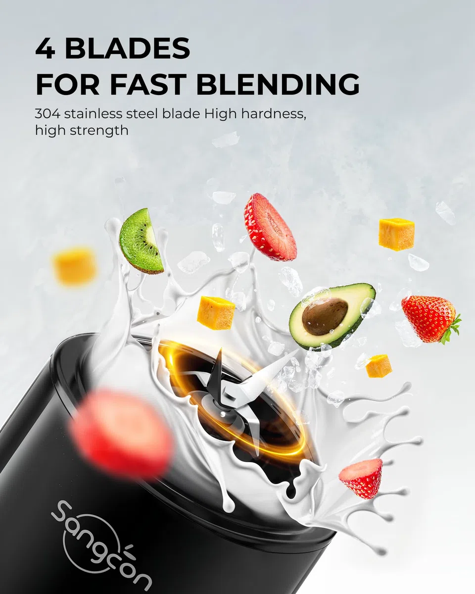 Sangcon Mixer Smoothie Maker, frullatore sportivo elettrico portatile per frullati e frullati con 2 bottiglie in Tritan To Go da 600 ml senza BPA 2 tappi per bere coltello a 4 lame, pulsante a impulsi