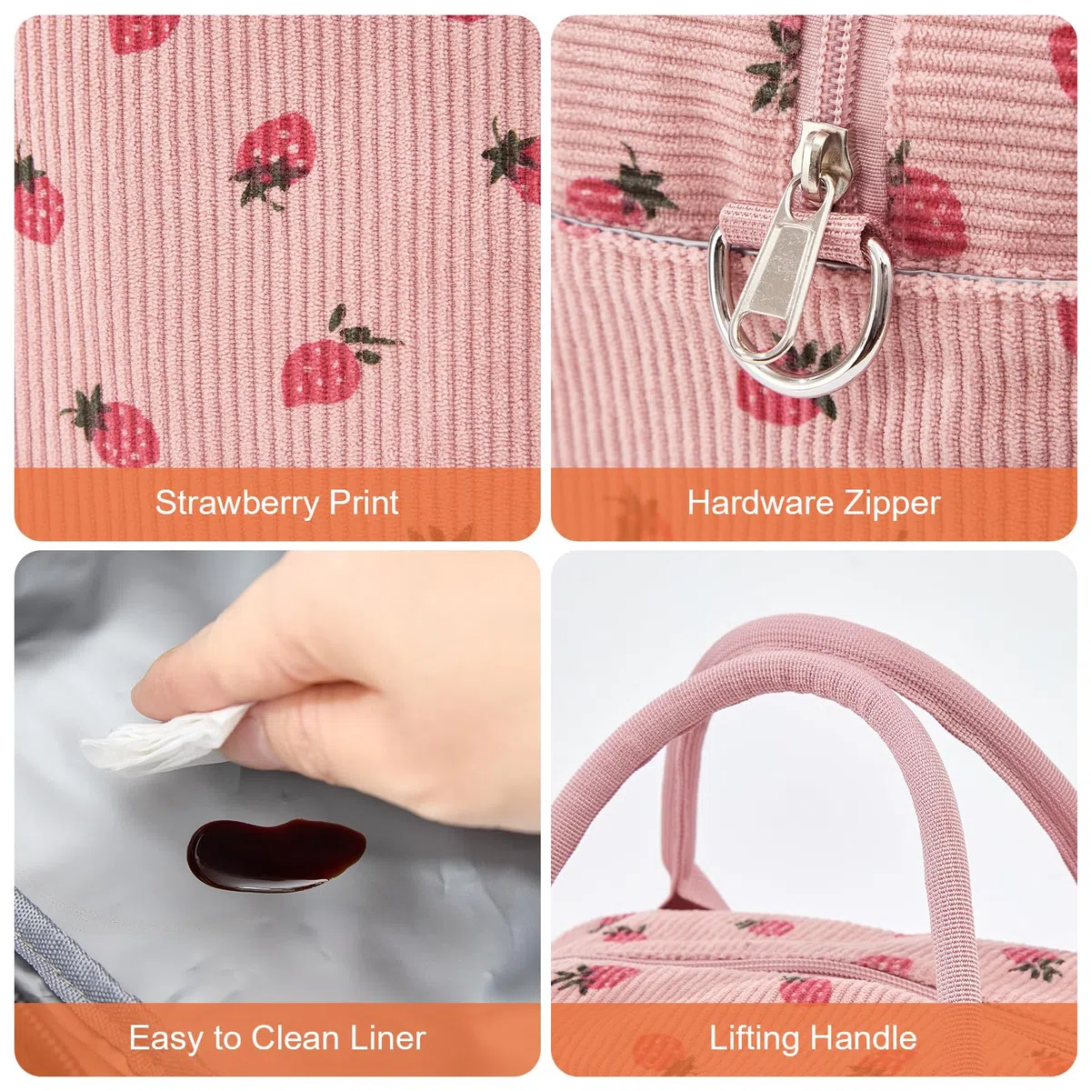 Nanxson Borsa pranzo isolata per donne uomini,12L grande capacità riutilizzabile Lunch Box Carino Corduroy Cooler Tote Borse per lavoro Picnic o viaggi(12L,Rosa Fragola)