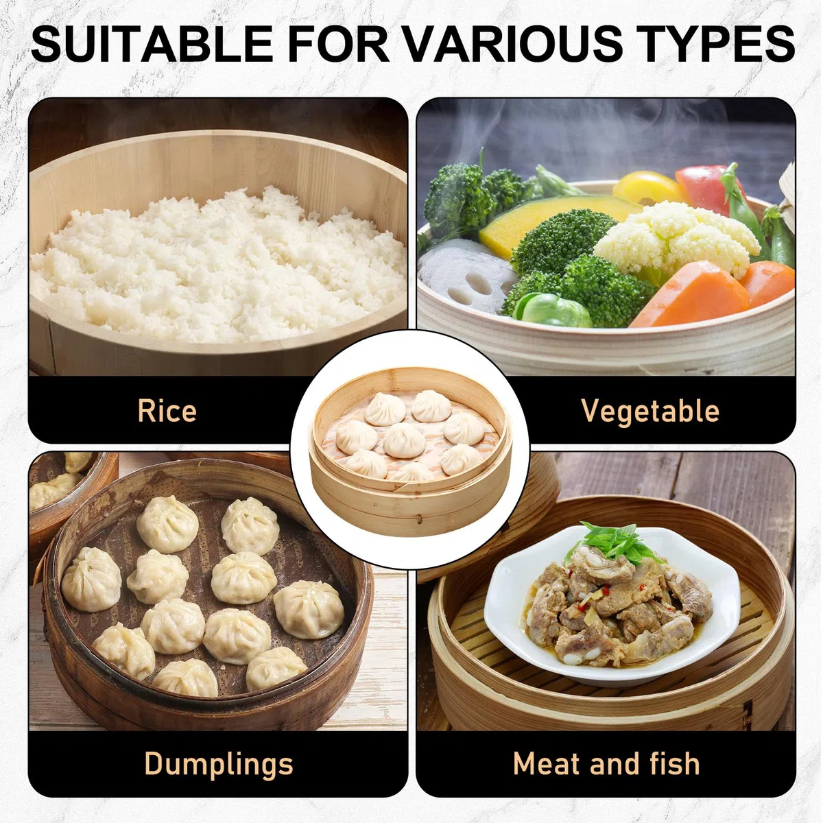 Cuocere a vapore in bambù, 21 cm, a 2 ripiani, in bambù intrecciato, versatile cestino a vapore asiatico, con 4 panni in cotone per riso, verdure, Dim Sum, Dumpling