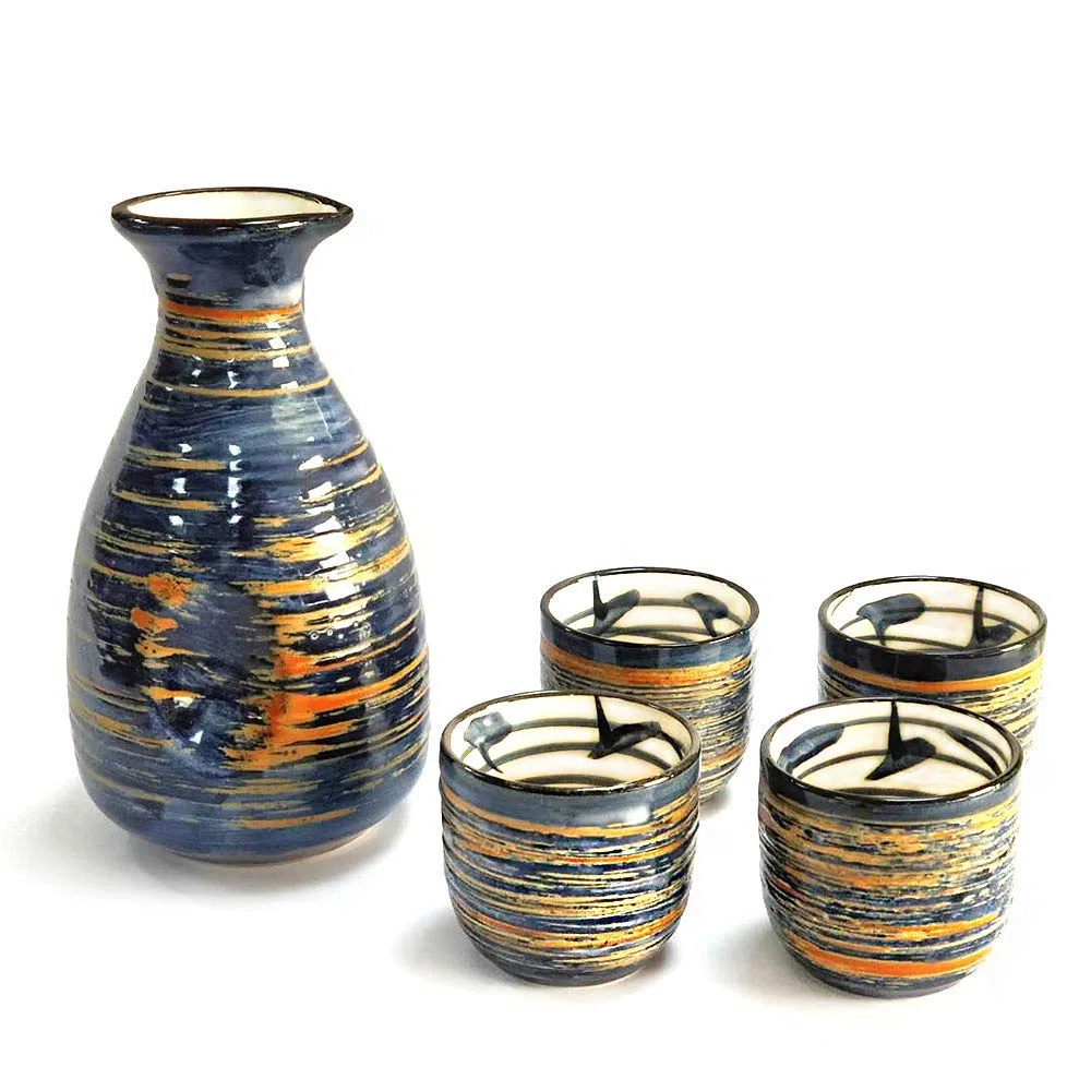 Set tradizionale giapponese da Sake con tazzine, in ceramica dipinta a mano, 5 pezzi Blue Rich