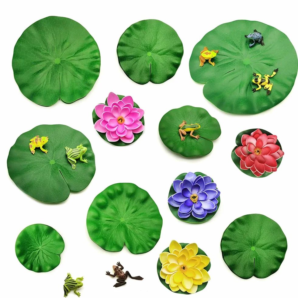 24 Pezzi Ninfee Artificiali, Fiore in Schiuma di Ninfea e Foglia di Loto con Rana Artificiale per Giardino Stagno Loto Decorazione