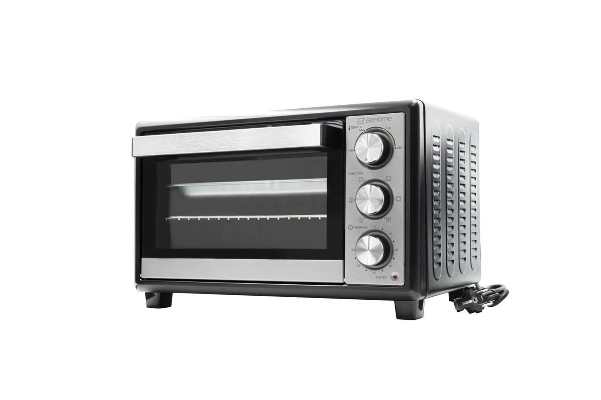 BEHOME Fornetto Elettrico Ventilato 20L da Tavolo, Temperatura fino a 230°, Timer 60 min, Forno Elettrico da tavolo con griglia, teglia e sollevatore griglia inclusi, antiaderente, doppio vetro