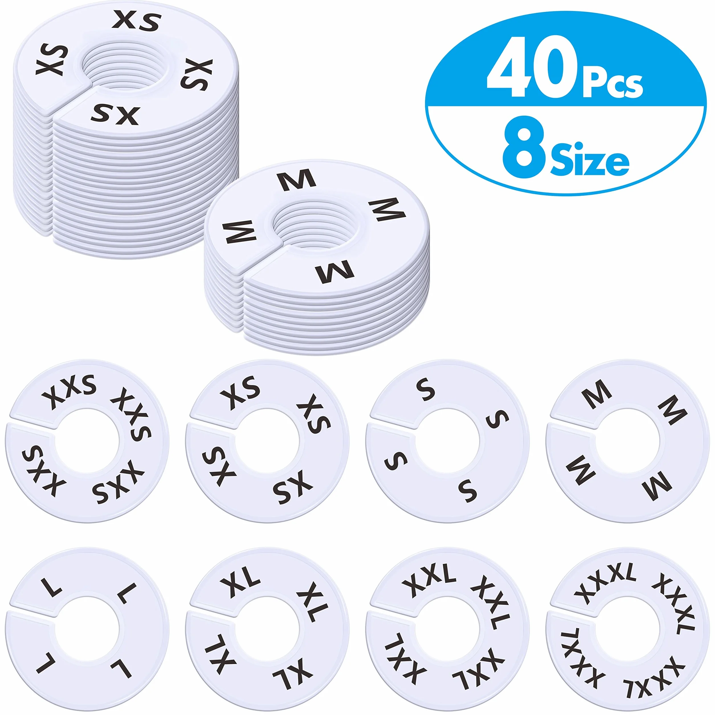 40 pezzi divisori rotondi in plastica bianca per armadio, prestampati in 8 taglie XXS, XS, S, M, L, XL, XXL, XXXL (esterno 9 cm, diametro interno 3,5 cm)