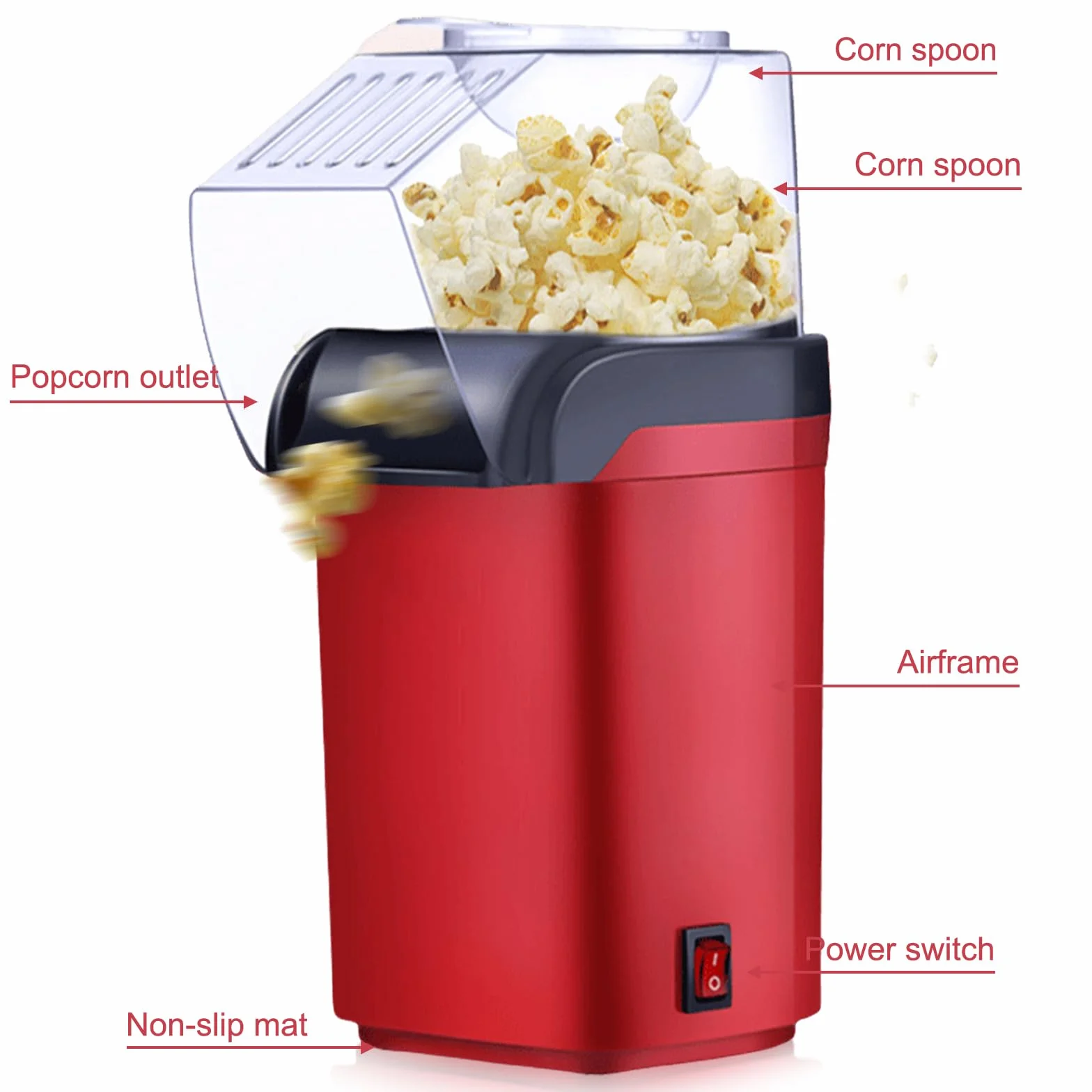 BAIFULAI Macchina per popcorn da 1200 W, mini macchina per popcorn ad aria calda, sana, senza olio, grasso, 2 minuti, funzionamento one-touch, per casa, film, Natale, feste, serata di calcio
