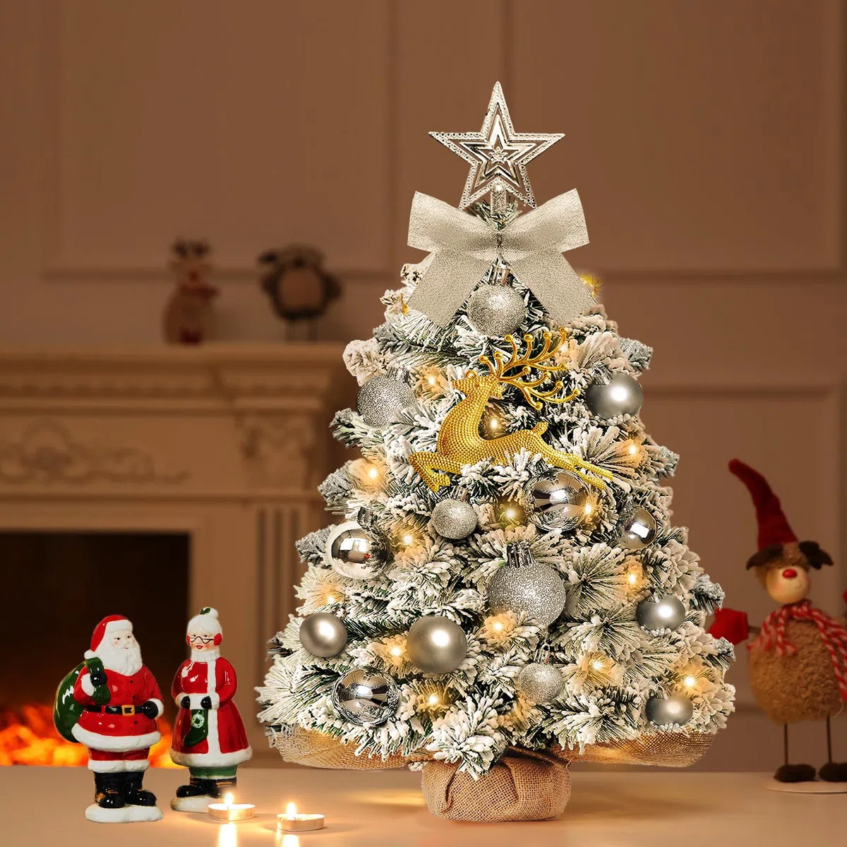 Mini Albero di Natale Artificiale Piccolo,60 cm Albero di Natale Piccolo con Luci con 23 Decorazioni Natalizie Fai da Te,Albero di Natale con Adatto per Natale e Capodanno﻿ (floccaggio)