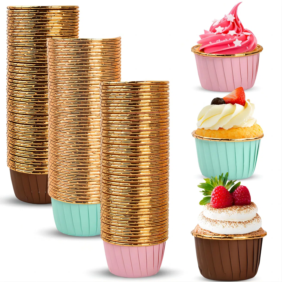 150 Pcs Pirottini da Forno USA e Getta(in 3 Colori Misti), Stampi di Carta da Forno per Muffin, Tazze di Cottura in Carta Monouso, Pirottino Cupcake con Fodere in Lamina per Compleanni/Feste/Natale