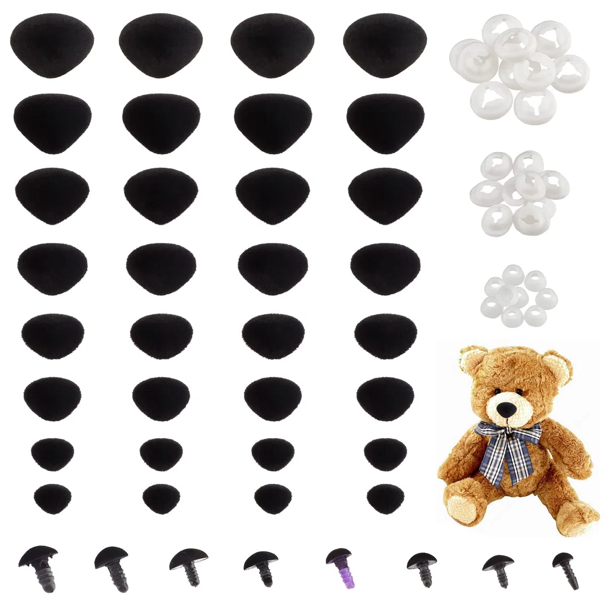 PH PandaHall 80pz Nasi di Sicurezza Floccati, Velluto Amigurumi Nasi 8 Taglie Nasi di Animali di Peluche Naso Artigianale con Rondelle per Teddy Bear Puppets Animali di Peluche 7/9/12/14/15/16/18/21mm