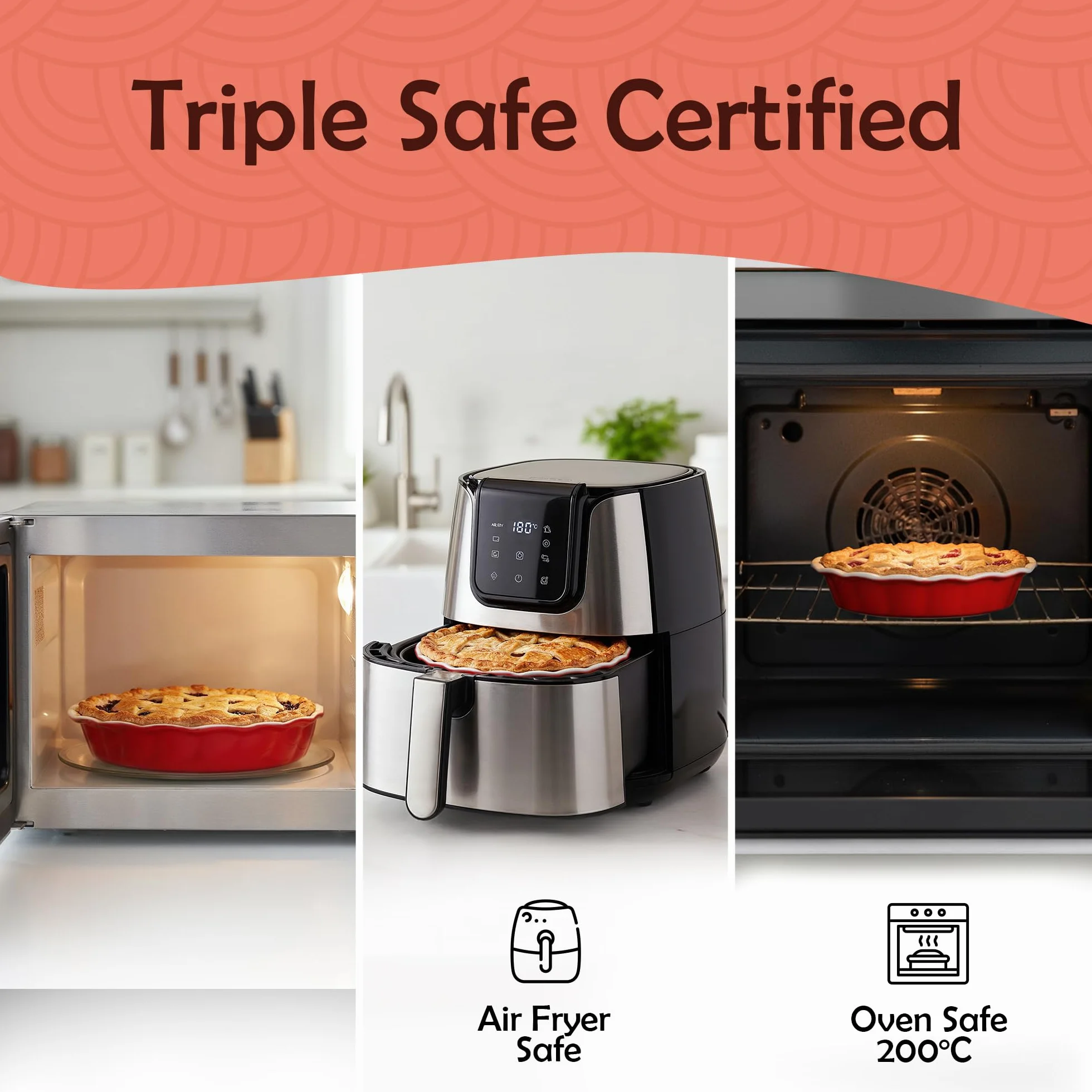 Muldale Pirofila in ceramica da 22,9 cm, con scanalature profonde, adatta al forno, per mele, zucca, bistecche, lavabile in lavastoviglie, rosso