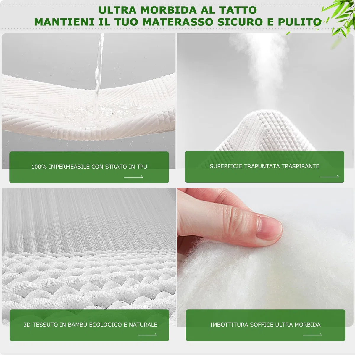 GRT Coprimaterasso matrimoniale Fibra di Bambù Impermeabile 160x190 - Proteggi Materasso Trapuntato con Elastico fino a 40 cm di Profondità - Copri Materasso Traspirante e Oeko-Tex