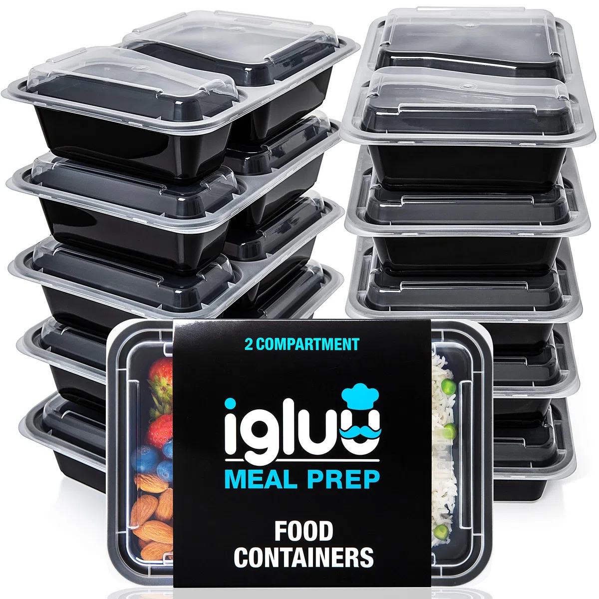 Igluu Meal Prep Contenitori per Alimenti in Plastica Riutilizzabili con Coperchi (Set da 10) – Impilabili, Microonde, Freezer e Lavastoviglie – 887 ml – 2 Scomparti – Senza BPA