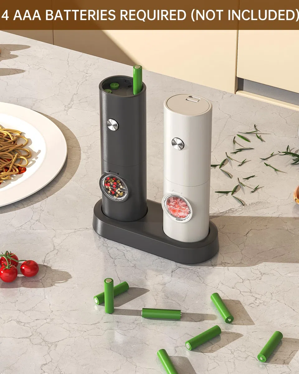 CIRCLE JOY Set Macina Sale e Pepe Elettrico a Batteria Macinaspezie con Base, Luce LED Bianca e Rugosità Regolabile, Bianco Nero