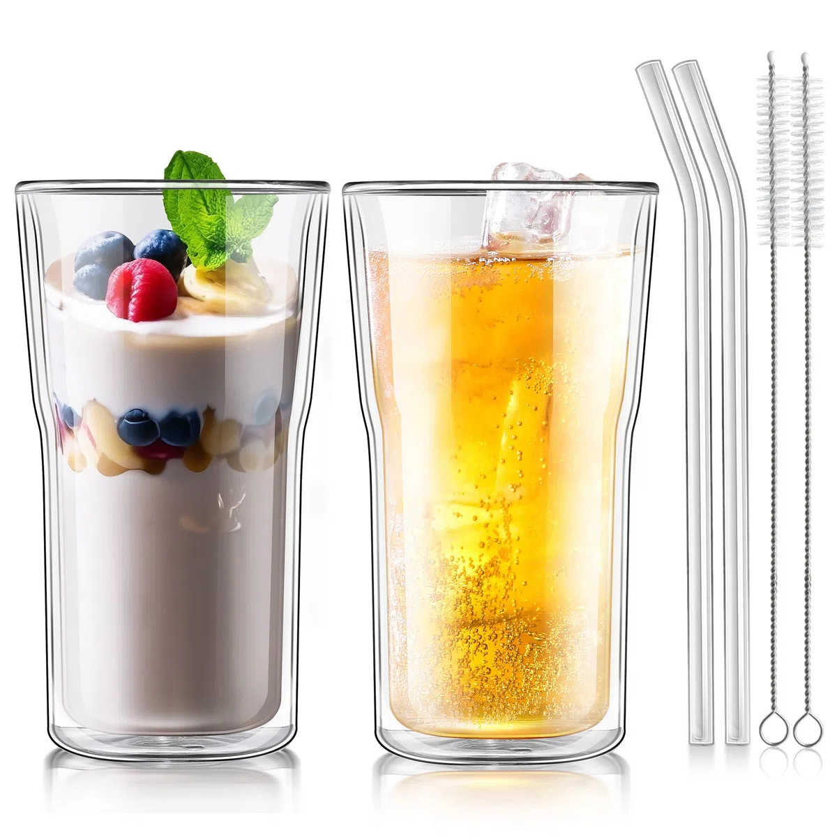 Joeyan 2 * 500ml (17oz) Set Tazzine Caffe Doppio Parete,Vetro Borosilicato,Grande Bicchieri Termici da The,Trasparenti Tazza Termica per Birra Ghiacciata Cappuccino Macchiato Succo Acqua Americano