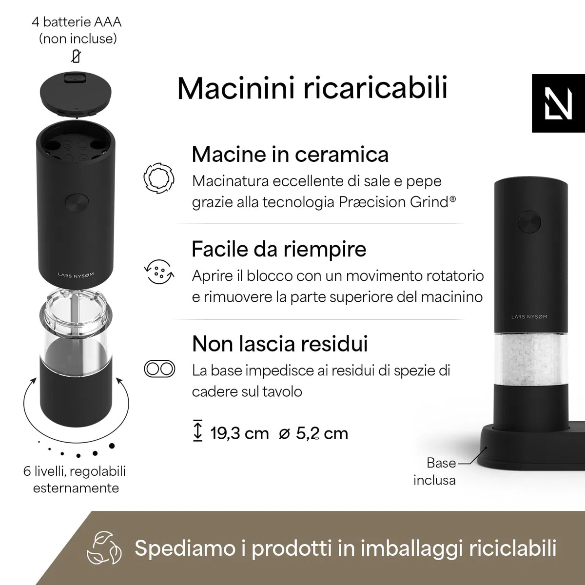 LARS NYSØM Set Macina Sale e Pepe Elettrico | Macinapepe e Macinasale Automatici con Macina in Ceramica Regolabile | Macina Spezie a Batteria (Carbon Black)
