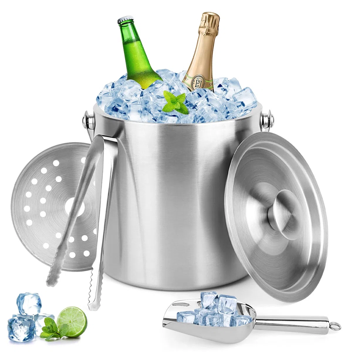 NVIYAM 2L Secchiello per Ghiaccio,a Doppia Parete Secchiello Ghiaccio per Vino Bottiglie Champagne,con coperchio, pinze, colino e manico,con Coperchio Manico e Pinzeper Casa Bar Feste