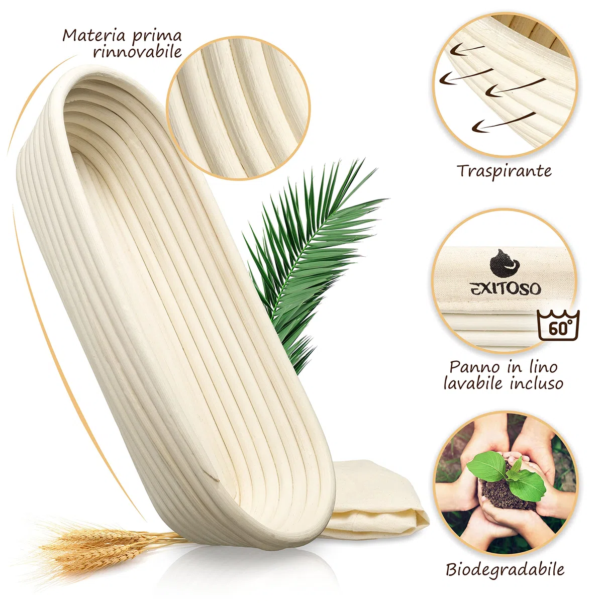 EXITOSO Cestino Lievitazione Rotondo in Rattan 25cm - Panificazione di 1kg di Pane - Grande Cesto Ciotola per Impastare