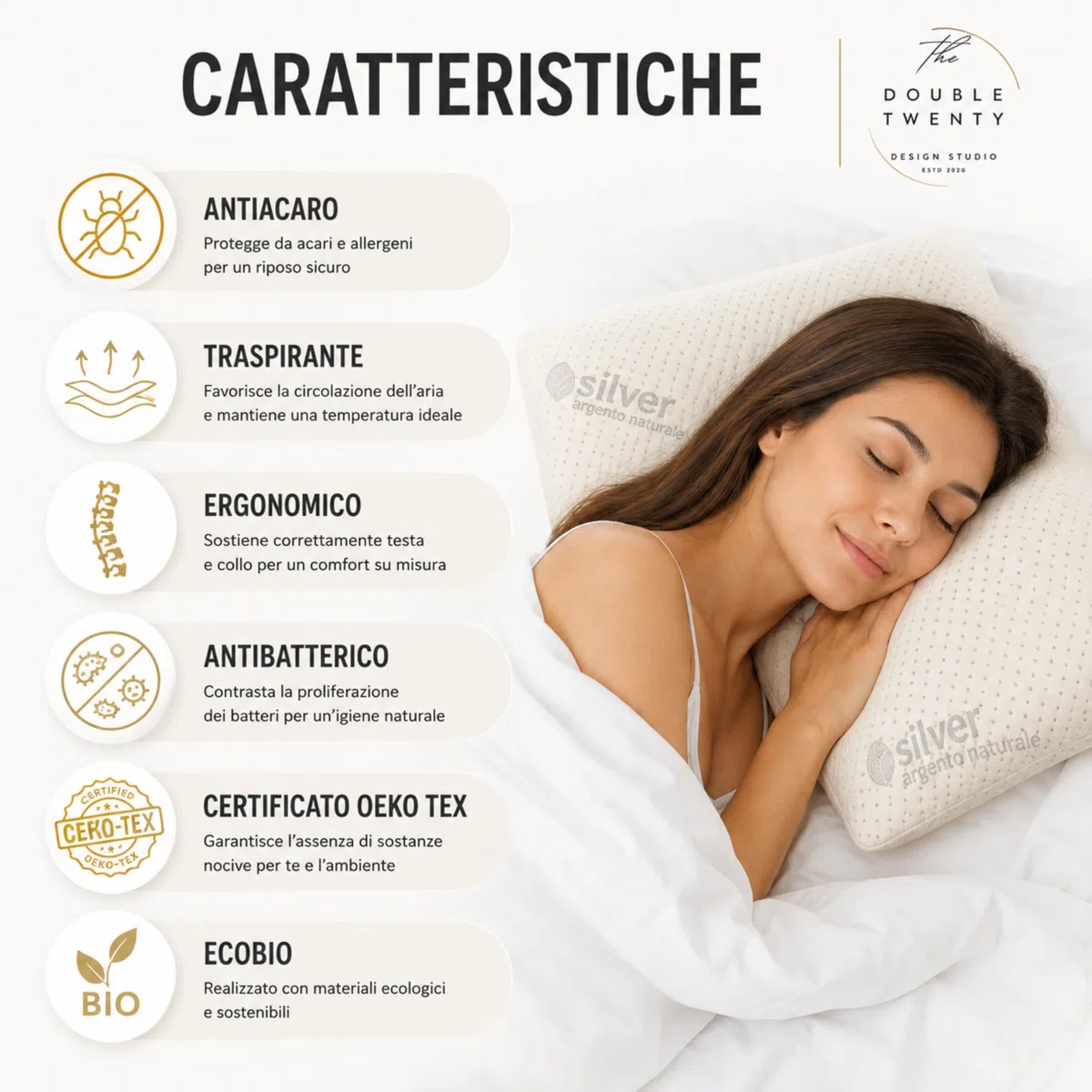 Cuscino in Memory Foam | Ergonomico e Traspirante | Supporto Ottimale per Collo e Cervicale, Adatto a Tutte le Posizioni del Sonno | Fodera Ipoallergenica in Argento Naturale | (10 cm)