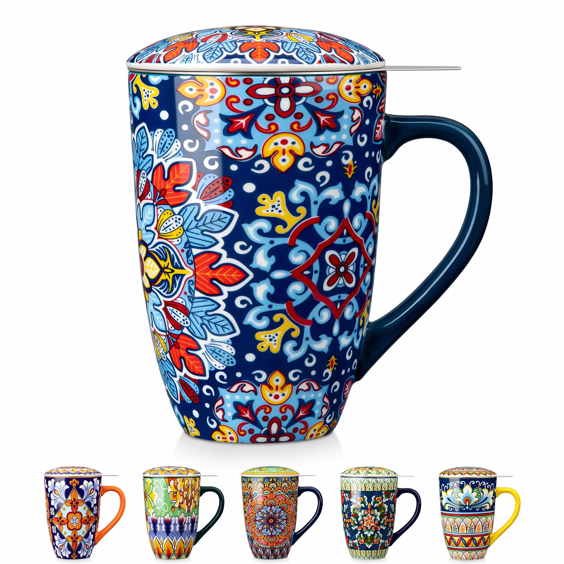 vancasso SIMI Tazza da Tè con Infusore e Coperchio - 540ml - Tisaniera in Porcellana, Tazze Mug Grandi per Tisane, Stile Boho Blu