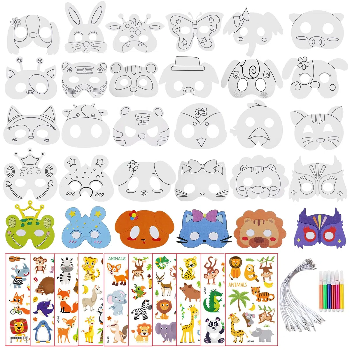 W Rxkiocs 34 Pezzi Maschere Animali Maschera Animale Set di Carta per Bambini con Adesivi per Tatuaggi di Animali per Bambini per Feste Nella Giungla Halloween Feste in Maschera