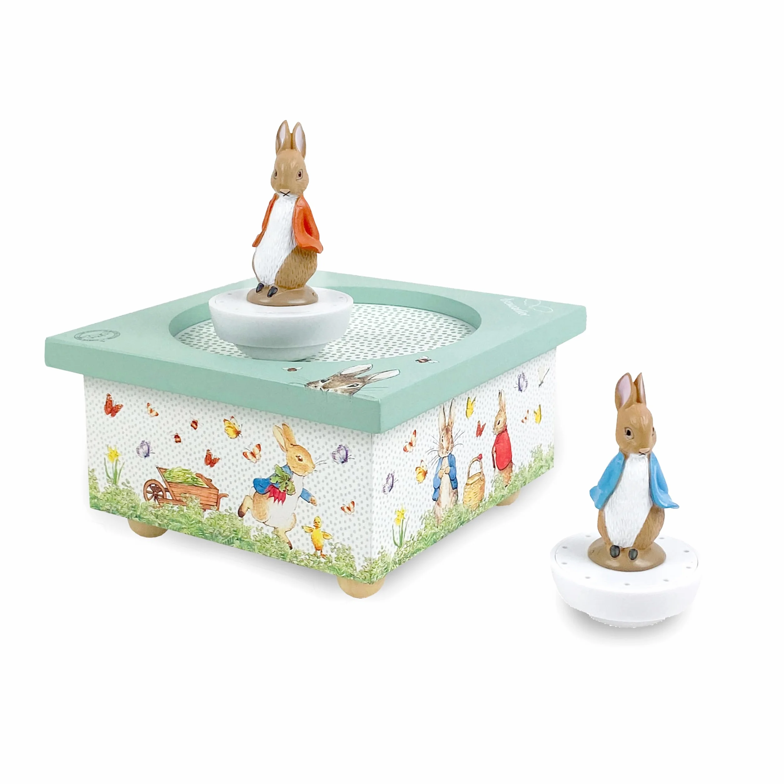 Trousselier - Peter Rabbit - Carillon danzante - 2 figure rimovibili - Facile da usare - Menuet De Mozart - Colore verde - 2 pezzi