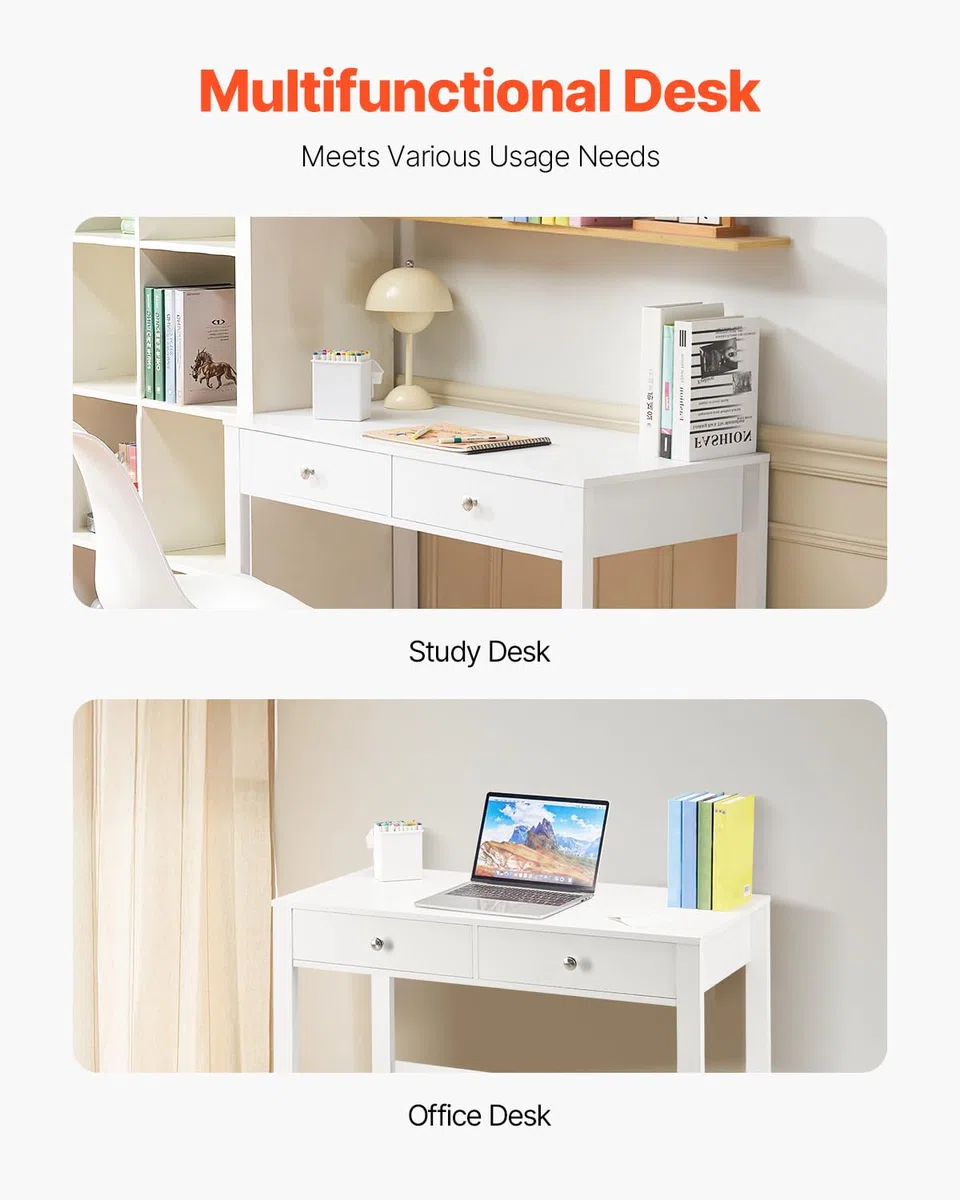 VEVOR Piccola Scrivania con Cassetto, Semplice Tavolo da Lavoro in Legno per Disegnare, Leggere, Tavolo da Lavoro Rettangolare con Spazio di Archiviazione, per Ufficio Studio, Bianco