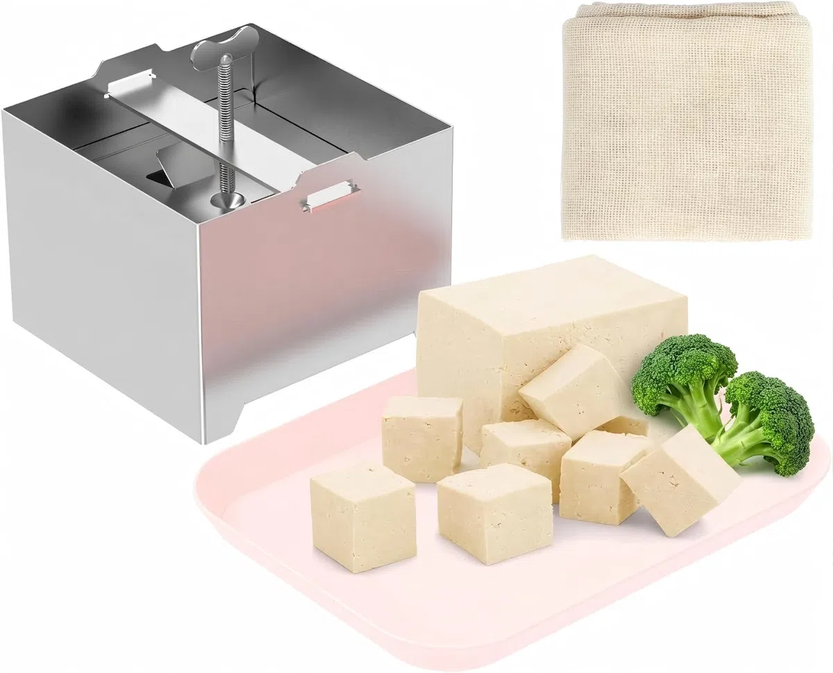 Tofupressa in acciaio inox, per uso alimentare, lavabile in lavastoviglie, con 1 vassoio e 1 panno di garza, adatto per tofu, formaggio e yogurt secco.