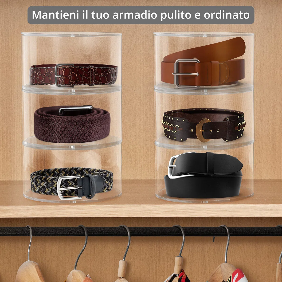 Organizer Cinture a 3 Livelli - Porta Cinture Trasparente Rotondo con Coperchi Magnetici - Organizer Trasparente in Plastica Impilabile - Espositore Cinture, Gioielli, Porta Orologi Uomo, Trucchi