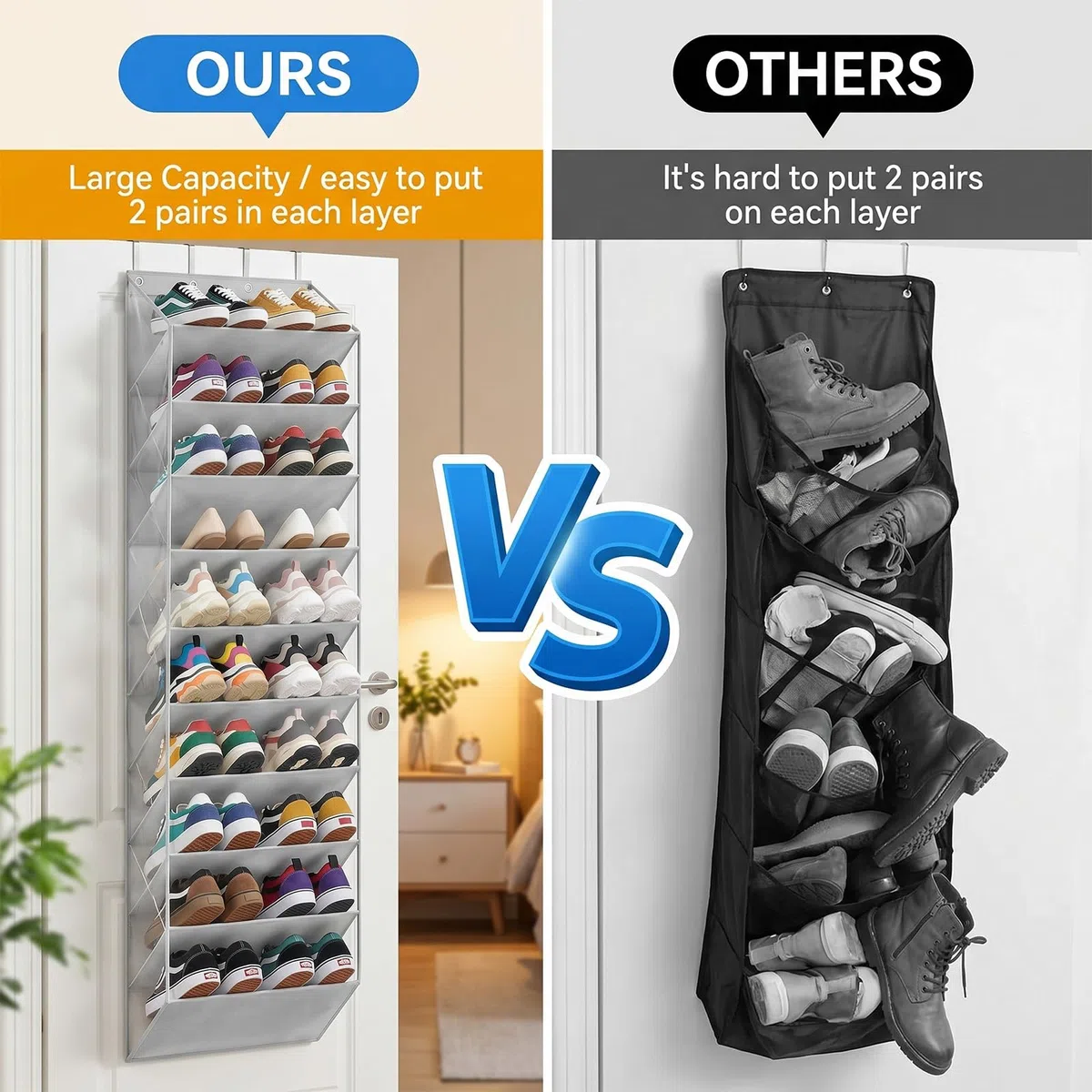 Porta Scarpe Salvaspazio Verticale con 10 Tasche Profonde & 4 Ganci, Grande Capacità Scarpiera da Appendere per Armadio, Lavanderia e Camera Letto