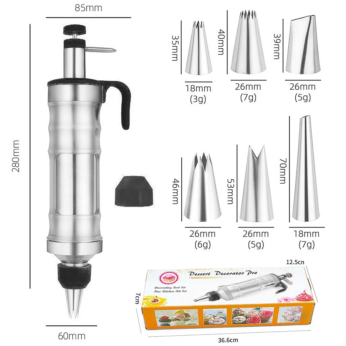 Siringa in acciaio inox con 6 beccucci con contenitore trasparente per cupcake, pasticceria