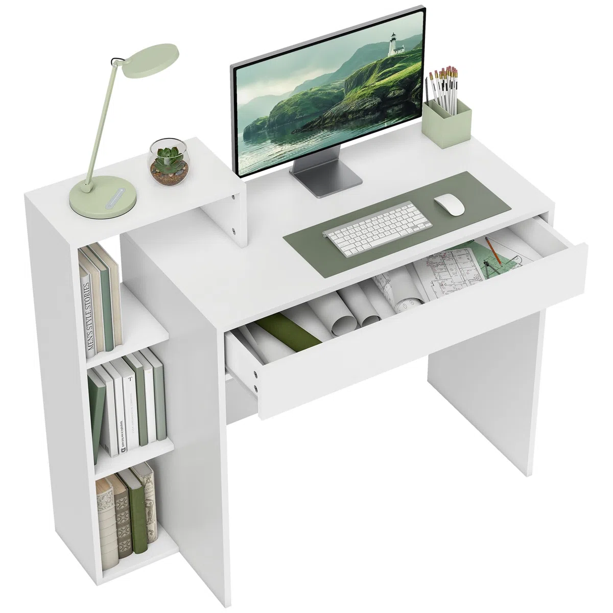 HOMCOM Scrivania Salvaspazio Moderna con 3 Ripiani Aperti e Cassetto Grande, Scrivania con Libreria in Legno, Tavolo Porta PC per Computer, per Ufficio, Studio e Camera da Letto, 100x40x90cm, Bianco
