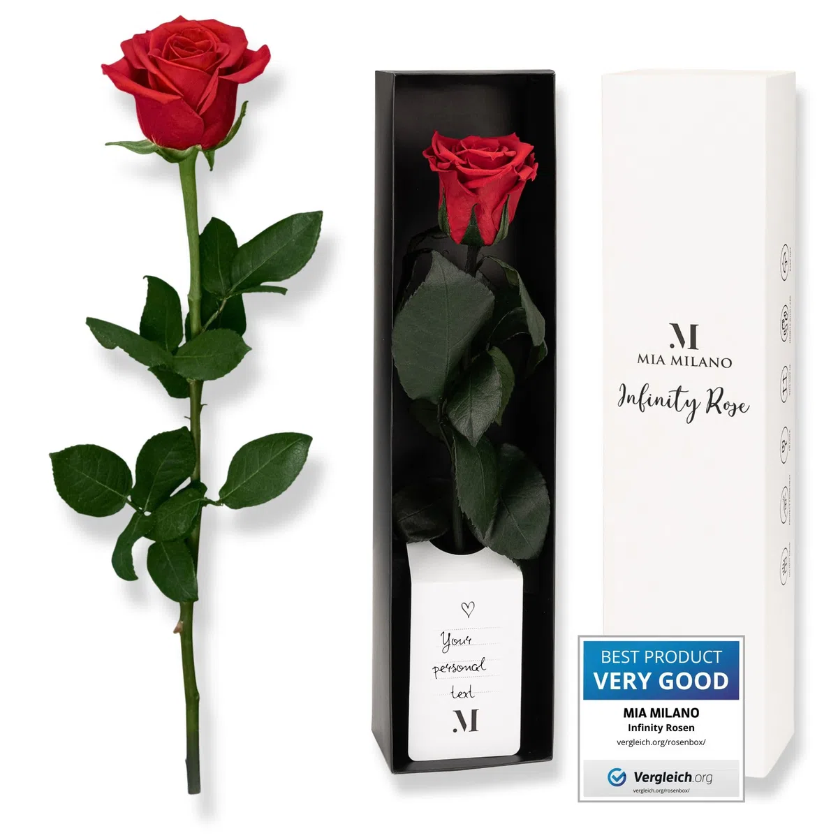 Mia Milano Rosa rossa con gambo lungo (durata 5 anni) in scatola regalo | Regalo decorativo per lei | Fiore conservato con profumo di rosa | Inclusa cartolina regalo