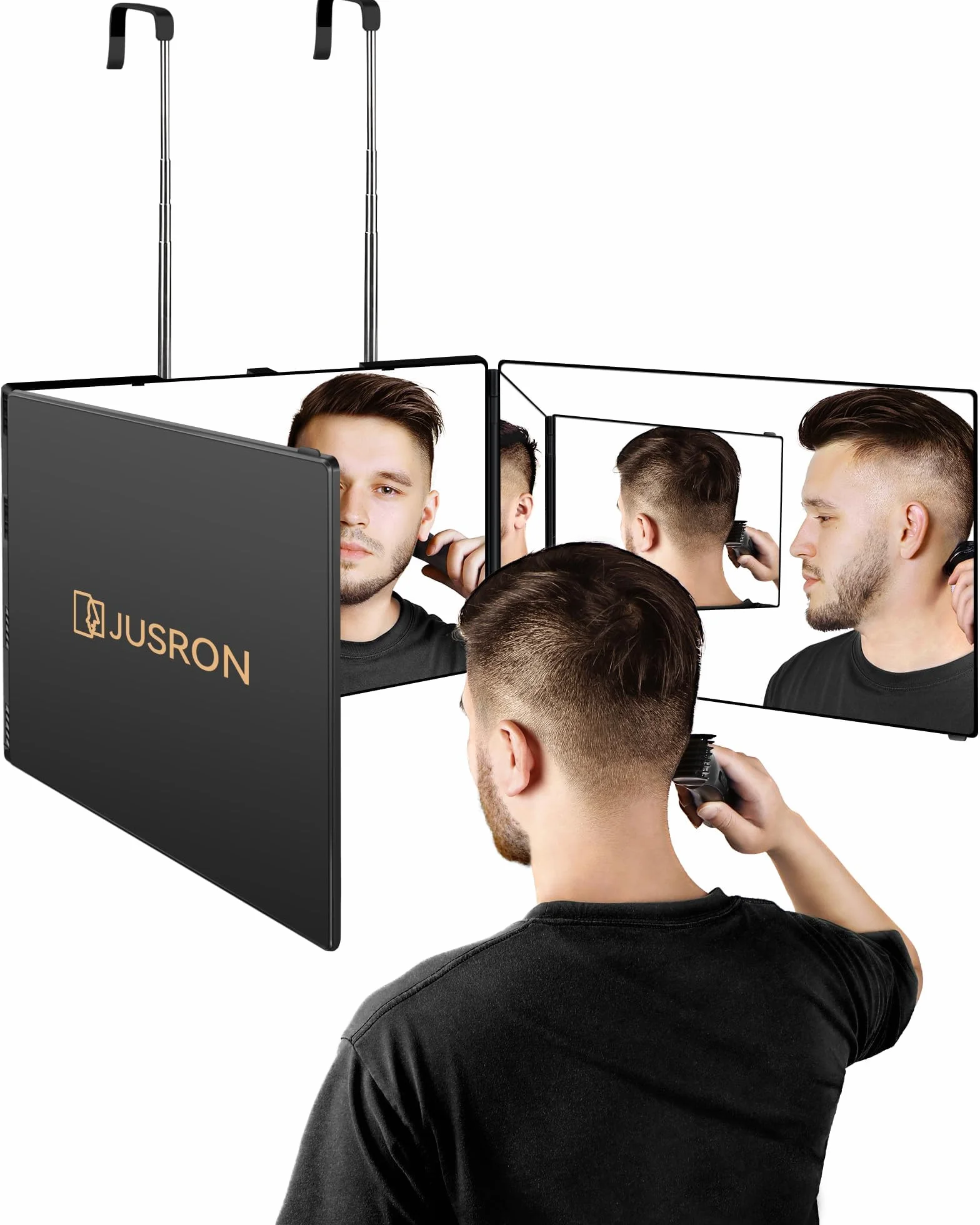 JUSRON Specchio pieghevole a 360 gradi da appendere, 3 pezzi, specchio per capelli, taglio automatico, specchio cosmetico regolabile in altezza, specchio da barba per trucco, rasatura, acconciatura