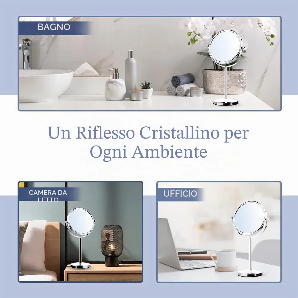 Mirrorvana Specchio Trucco Ingranditore 10X / 1X, Specchio da Tavolo da Bagno, Specchietto Telescopico x10 per Truccarsi, Specchio da Appoggio, 18cm (Cromato)